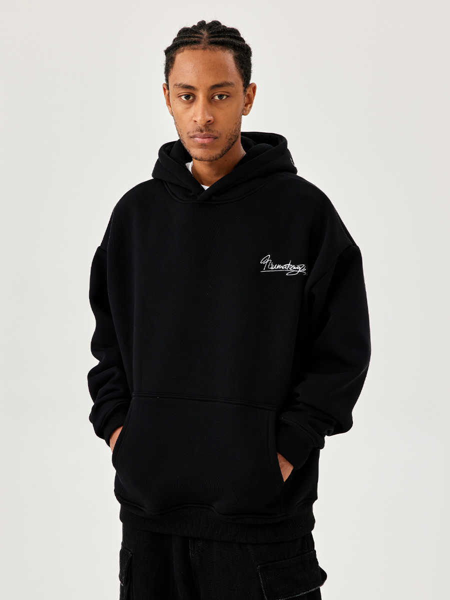 Men's And Women's Fleece-lined Black Embroidered Letter Hooded Sweater